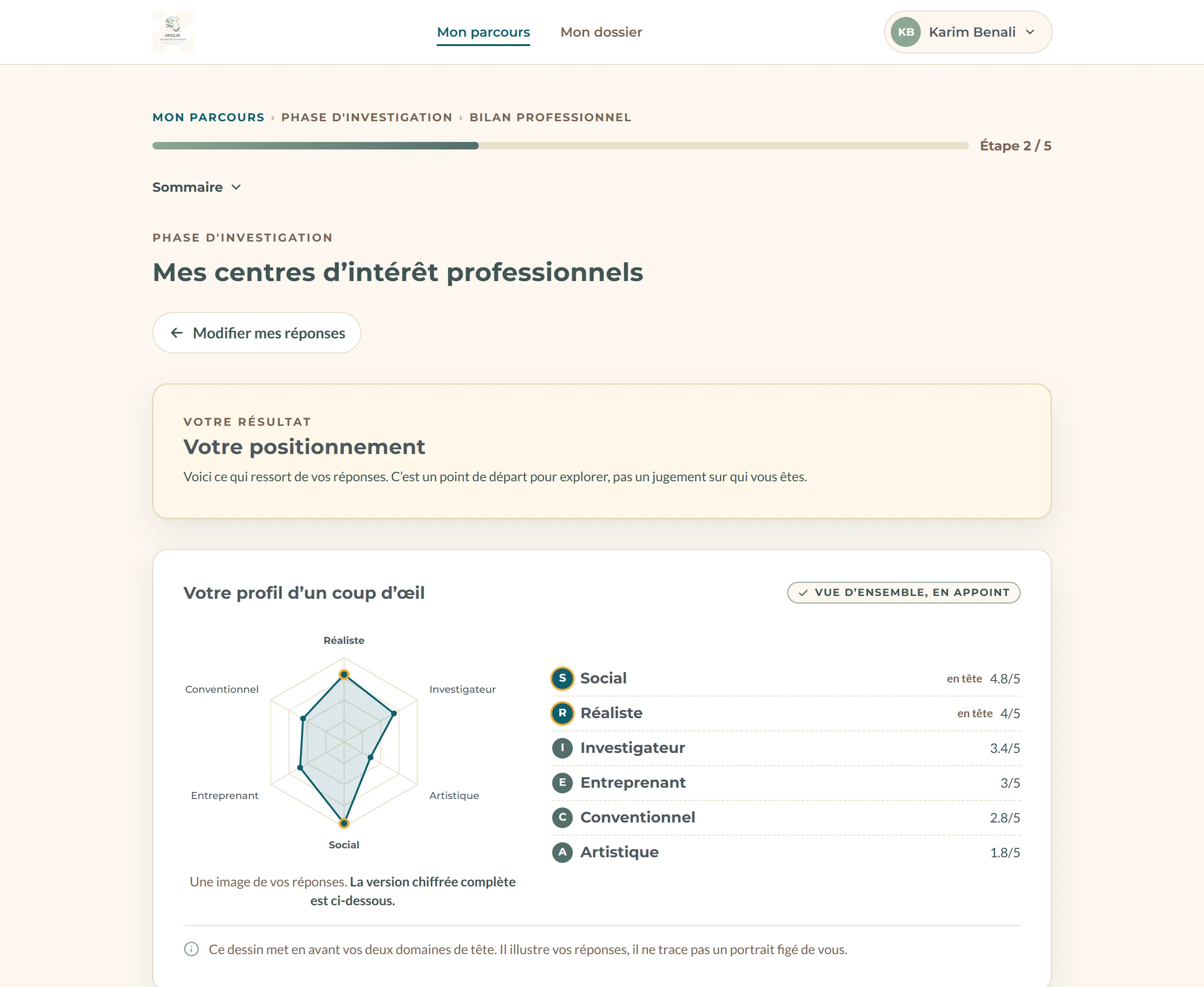Résultat d’un module d’intérêts professionnels sur un compte de démonstration : le profil dessiné en radar à gauche, les six domaines classés avec leur note à droite, et un cadrage qui annonce un point de départ pour explorer, pas un jugement sur la personne.