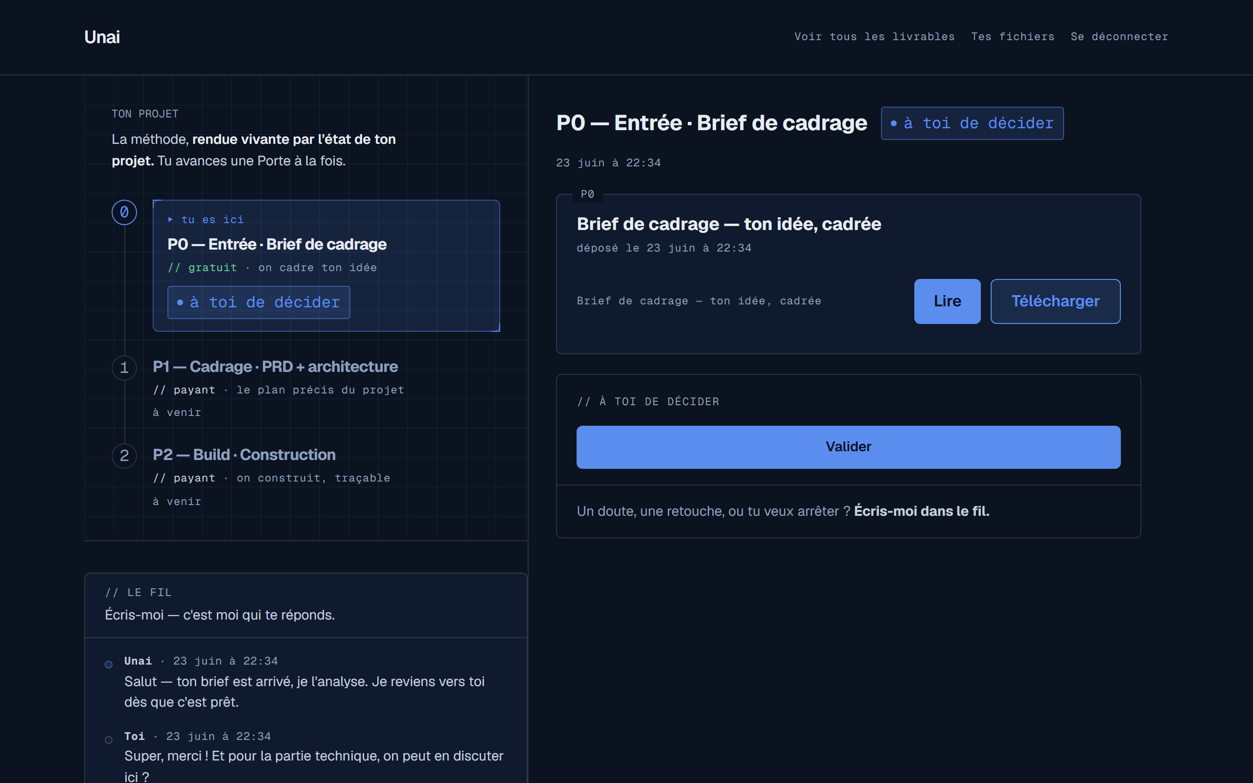Espace projet de la plateforme : la feuille de route des Portes à gauche, une note de cadrage prête à lire à droite.